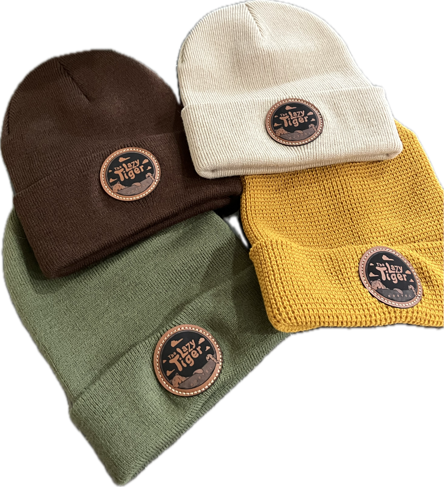 Lazy Tiger Beanie - available in cream, brown, mustard, and olive